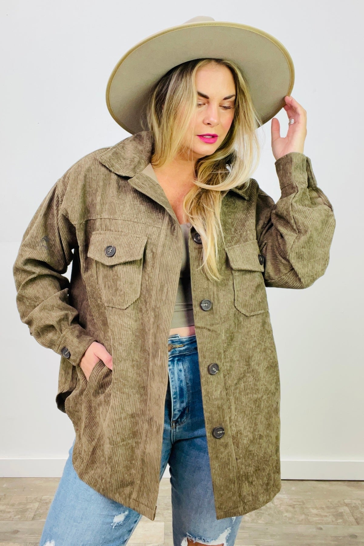 Zenana Oversized Corduroy Button Front Shacket with Pockets