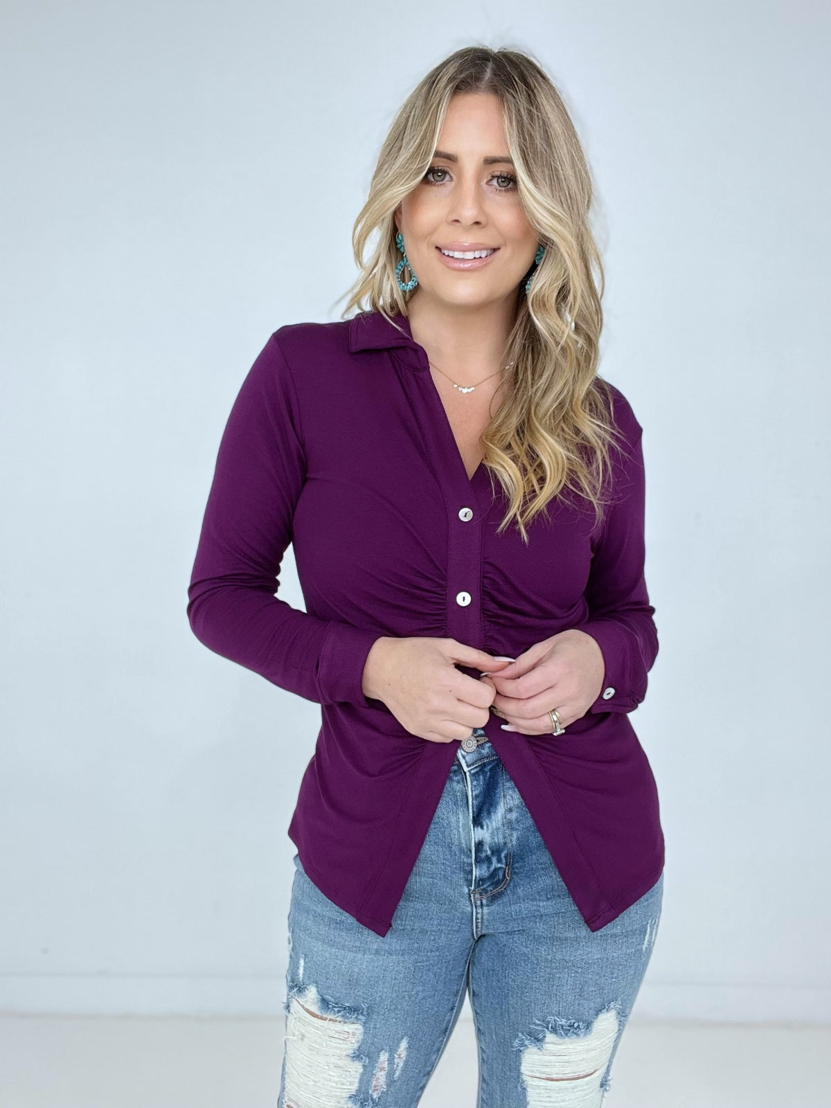 Zenana 'Ruched Romance" Long Sleeve Button Down Top with Ruched Bodice