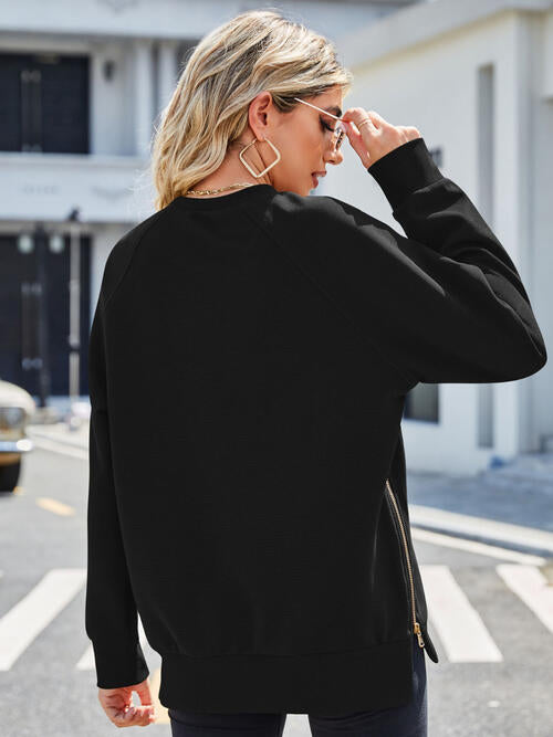 Zip Detail Round Neck Long Sleeve Sweatshirt