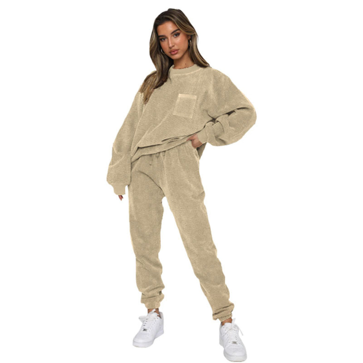 Corduroy Crew Neck Pullover Long Sleeve Sweatshirts & TiePants Two-Piece Sets