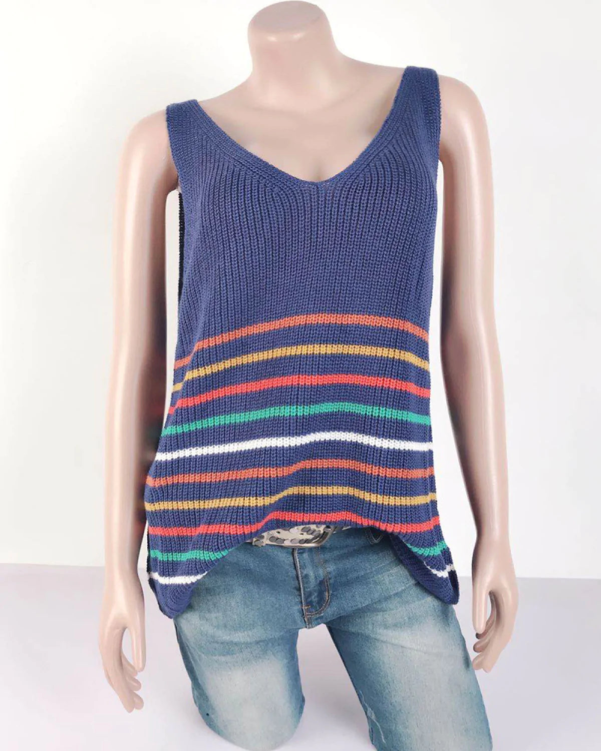 U-Neck Striped Knitted Sleeveless Vest