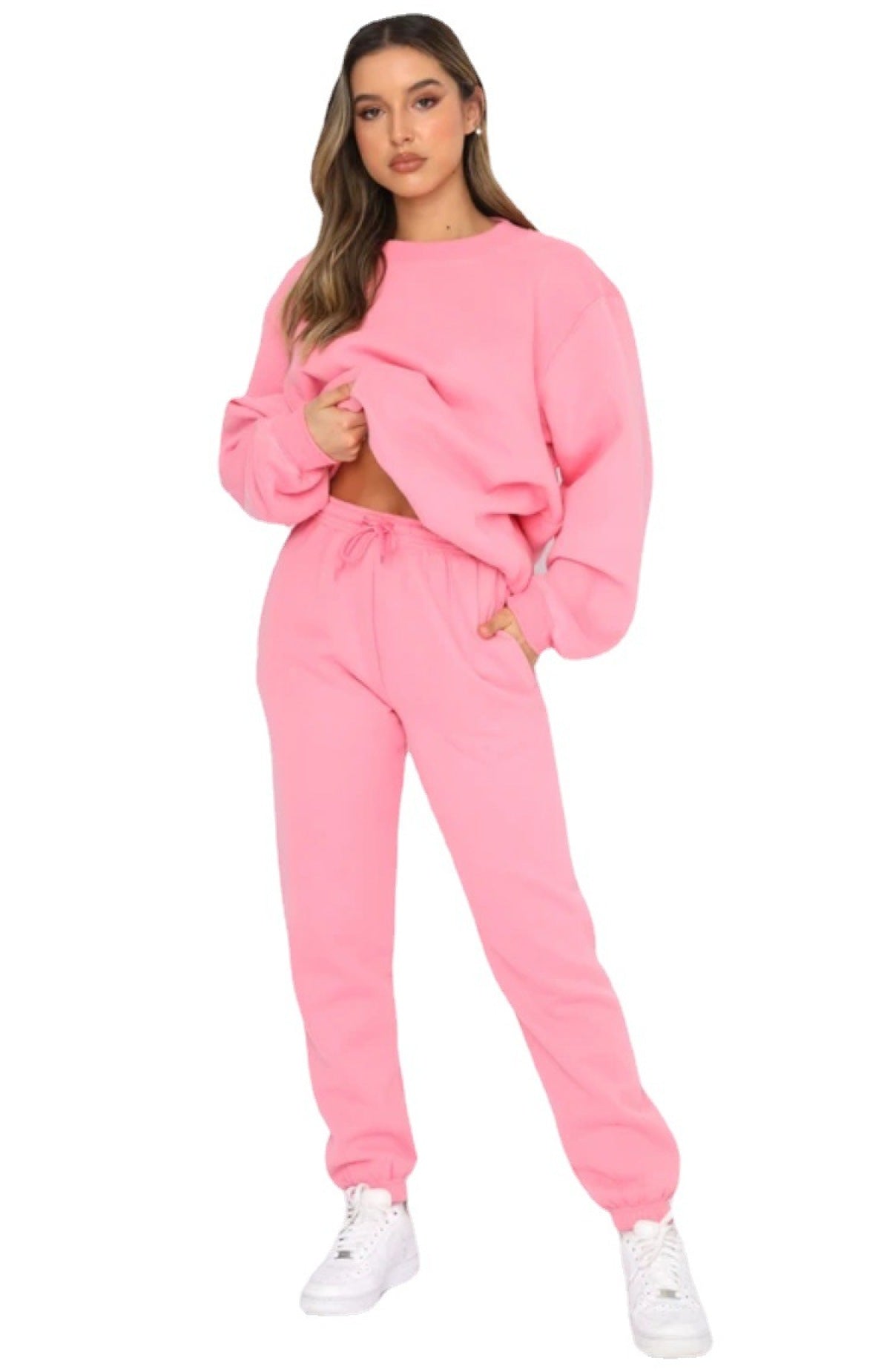 Solid Color Round Neck Long-Sleeved Sweatshirt & Sweatpants Set