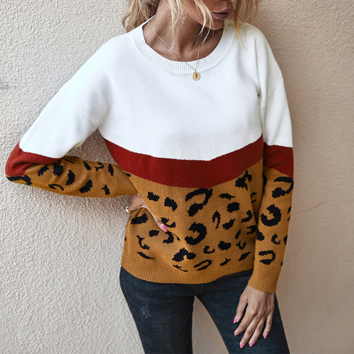 Leopard Round Neck Long Sleeve Sweater