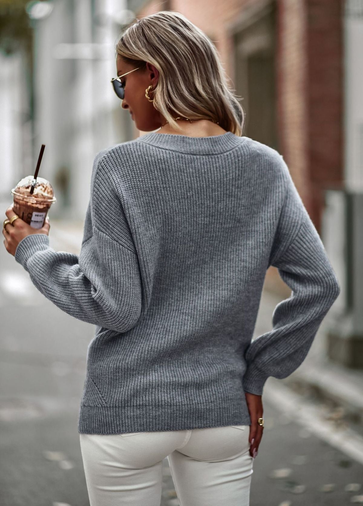 V-Neck Lantern Sleeve Cable Knitted Sweater