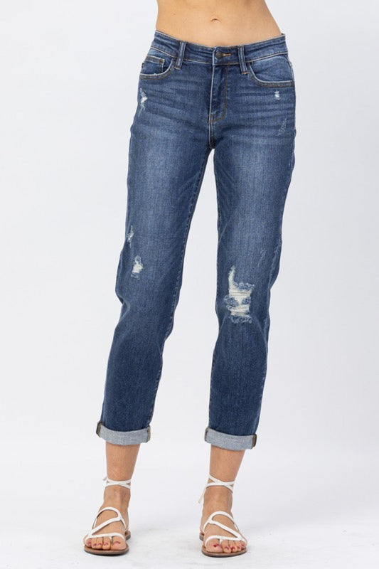 Judy Blue Mid-Rise Cuffed Distressed Slim Fit