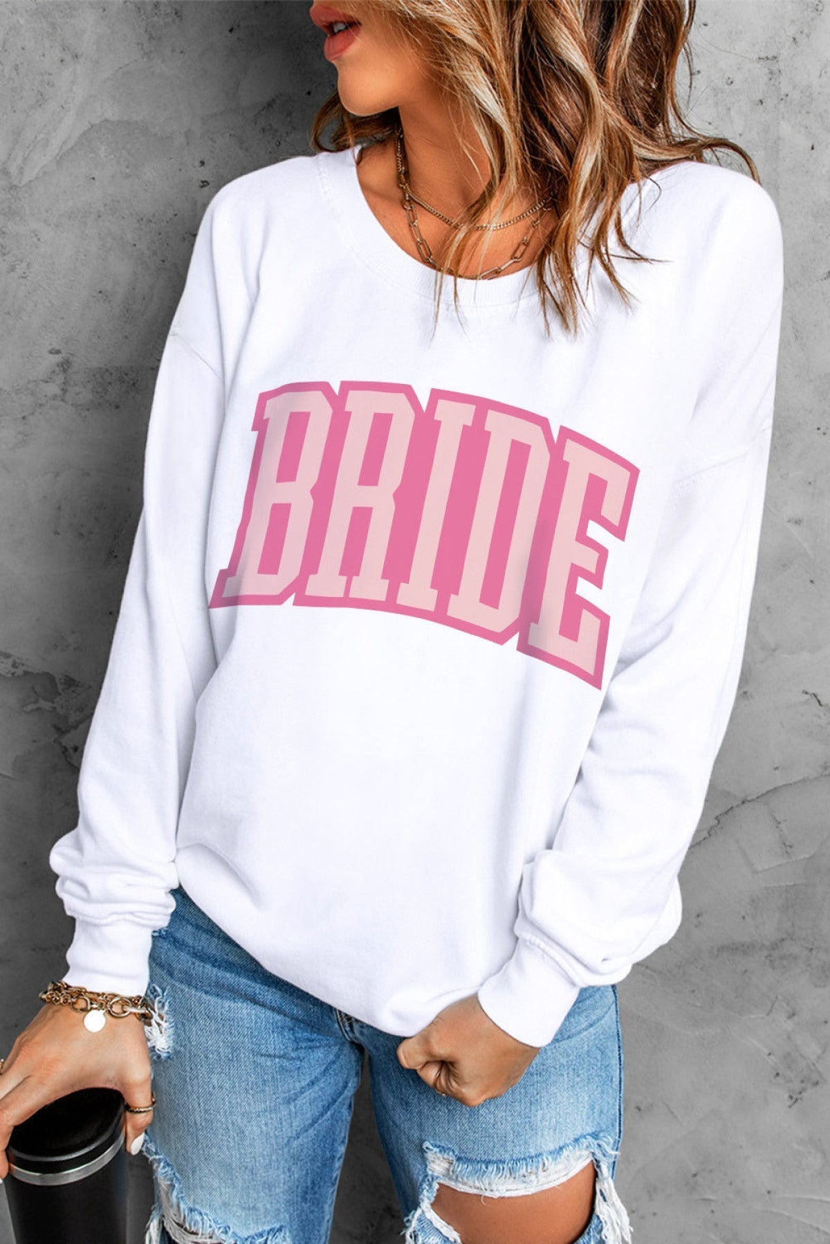 White BRIDE Letter Print Long Sleeve Graphic Sweatshirt