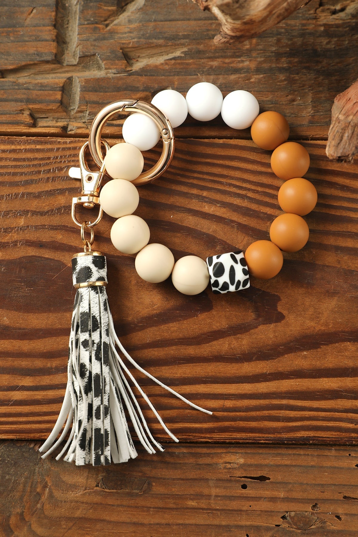 Multicolor Silicone Beads Bracelet Leopard Tassel Keyring