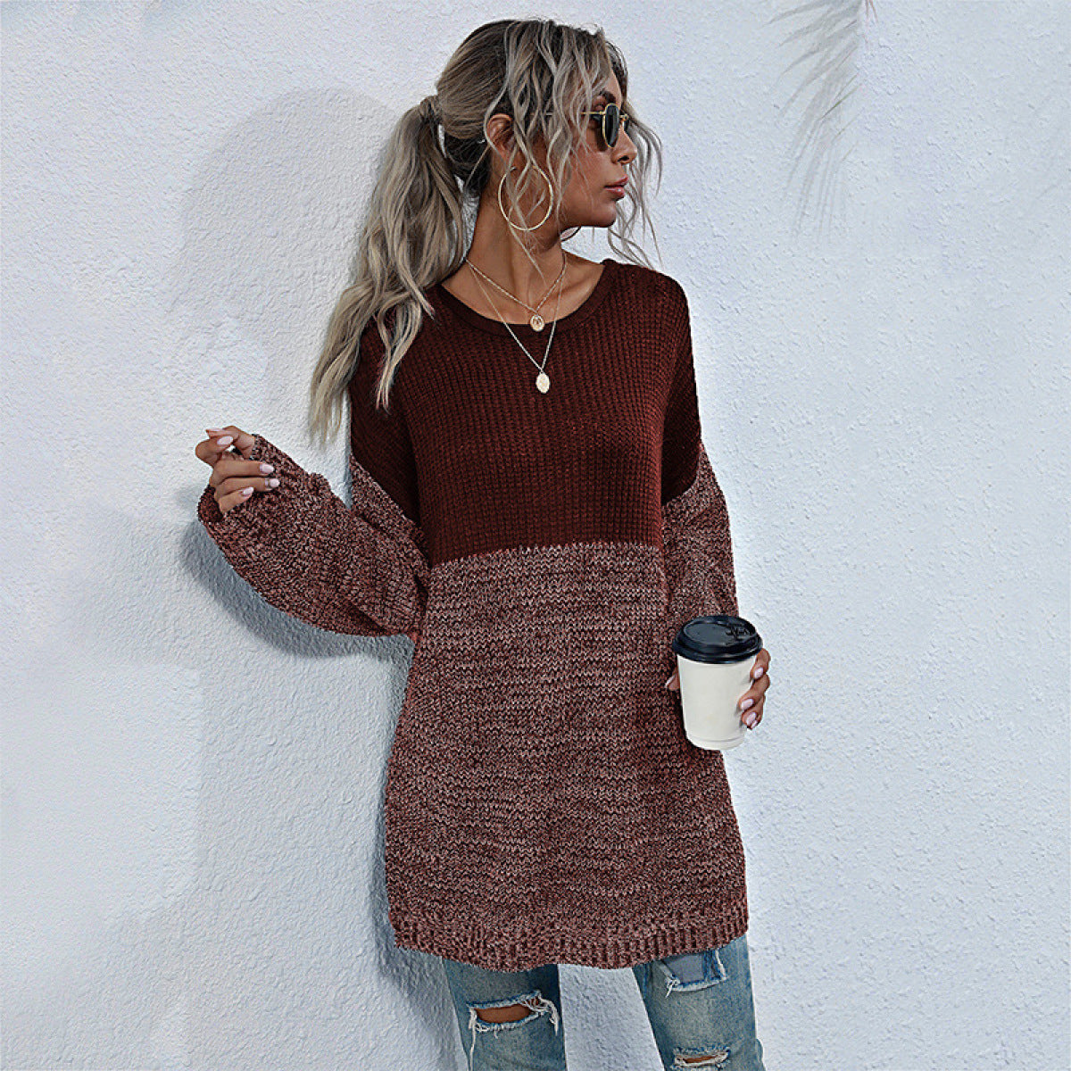 Colorblock Long Sleeve Mid-Length Knit Sweater