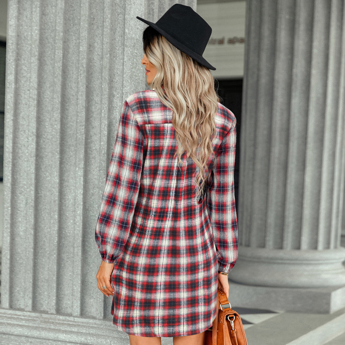 Long Sleeve Plaid Single-Breasted Shirt Dress with Belt