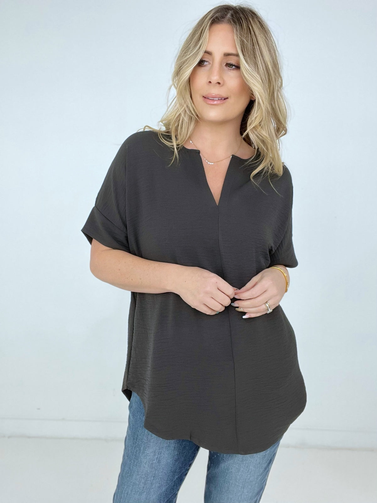 Zenana "Easy Breezy" Woven Airflow Split Neck Short Sleeve Top