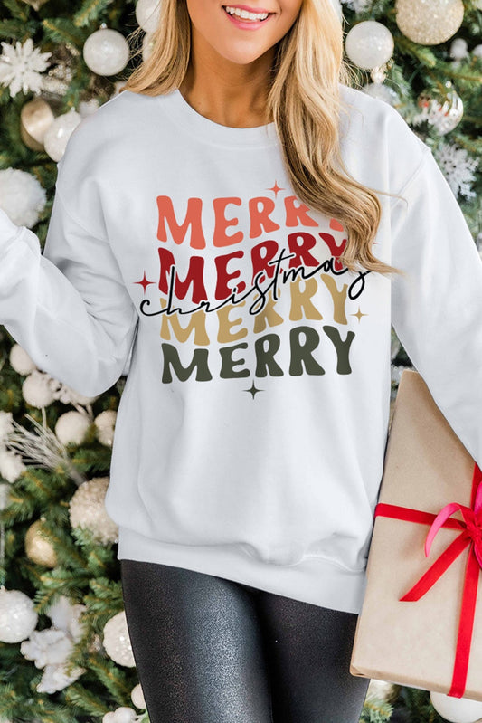 Beige MERRY Christmas Letter Graphic Print Pullover Sweatshirt