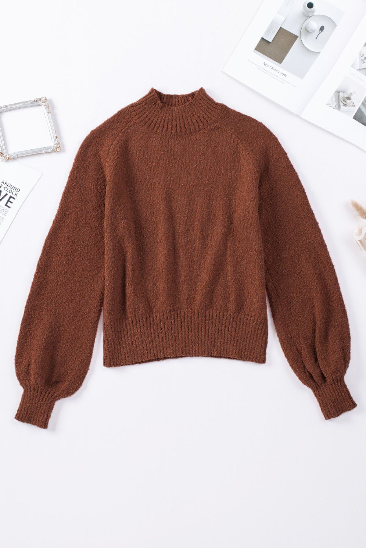 Brown Solid Color Lantern Sleeve Knitted Sweater