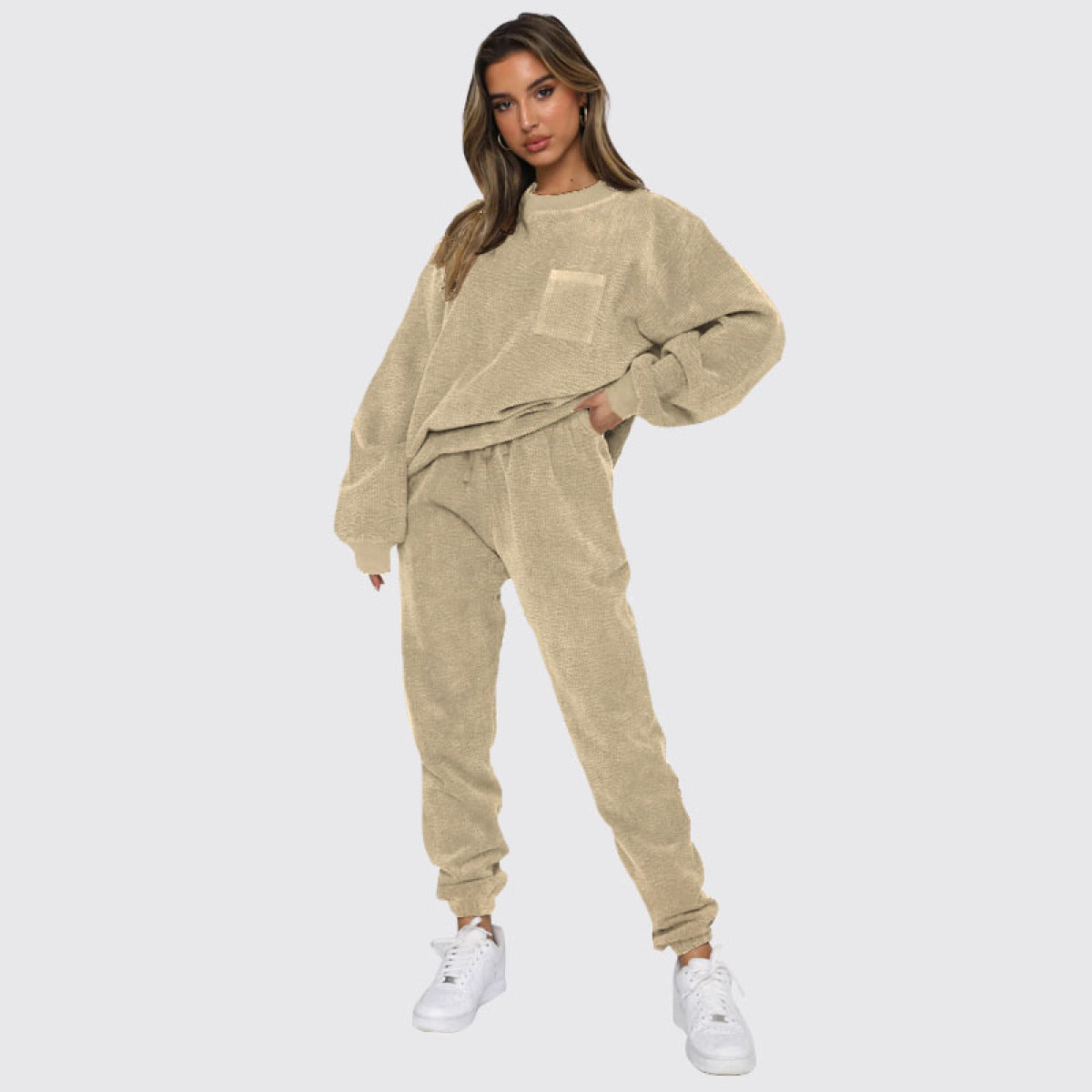 Corduroy Crew Neck Pullover Long Sleeve Sweatshirts & TiePants Two-Piece Sets