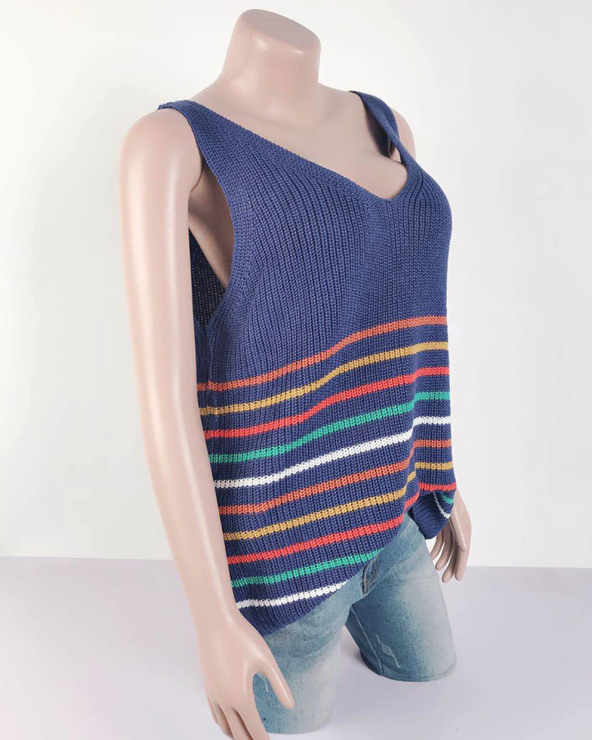 U-Neck Striped Knitted Sleeveless Vest