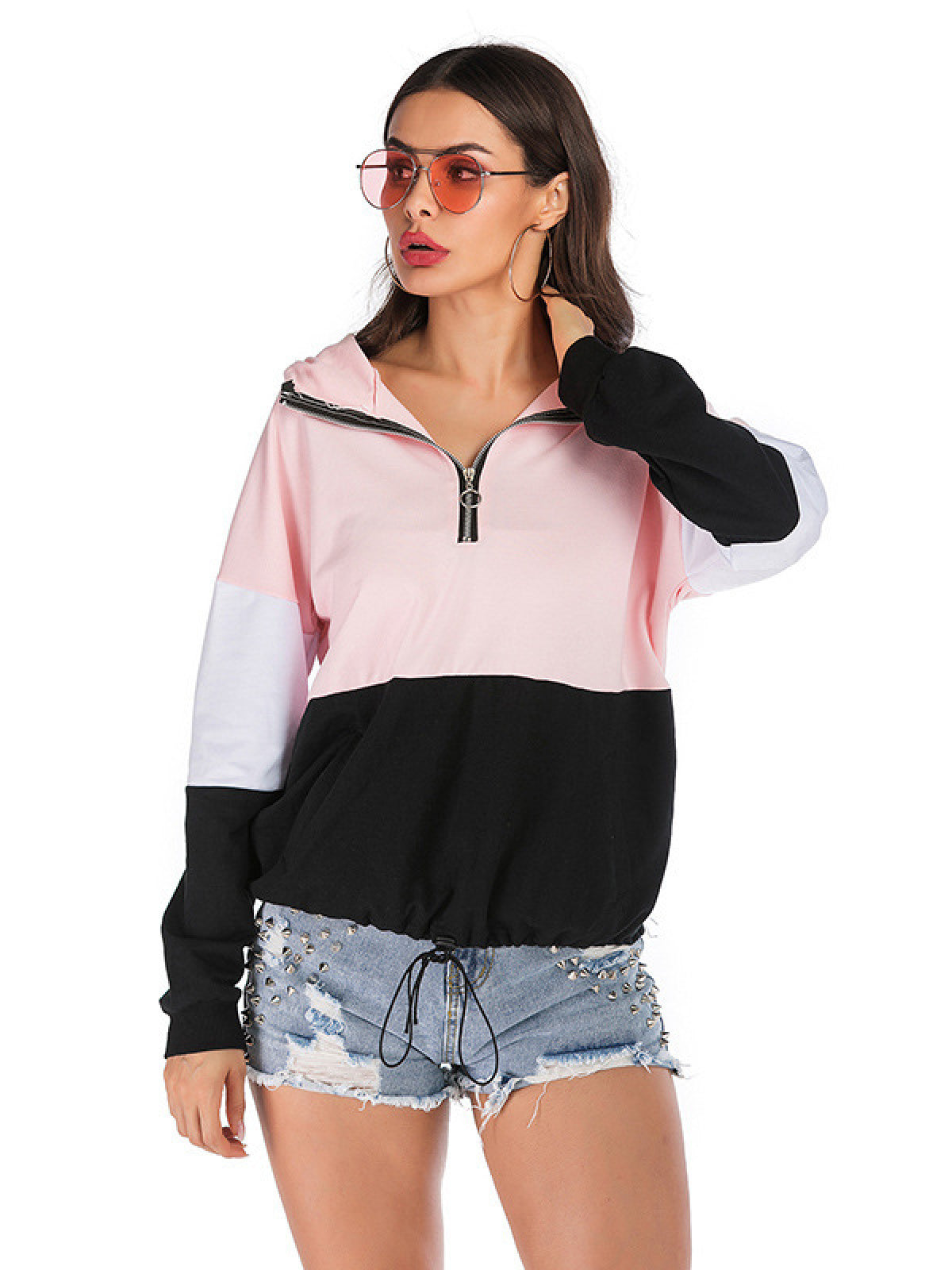 Plus Size Colorbock Half Zip Drawstring Hoodie