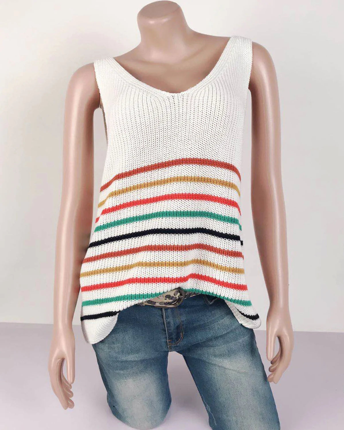 U-Neck Striped Knitted Sleeveless Vest