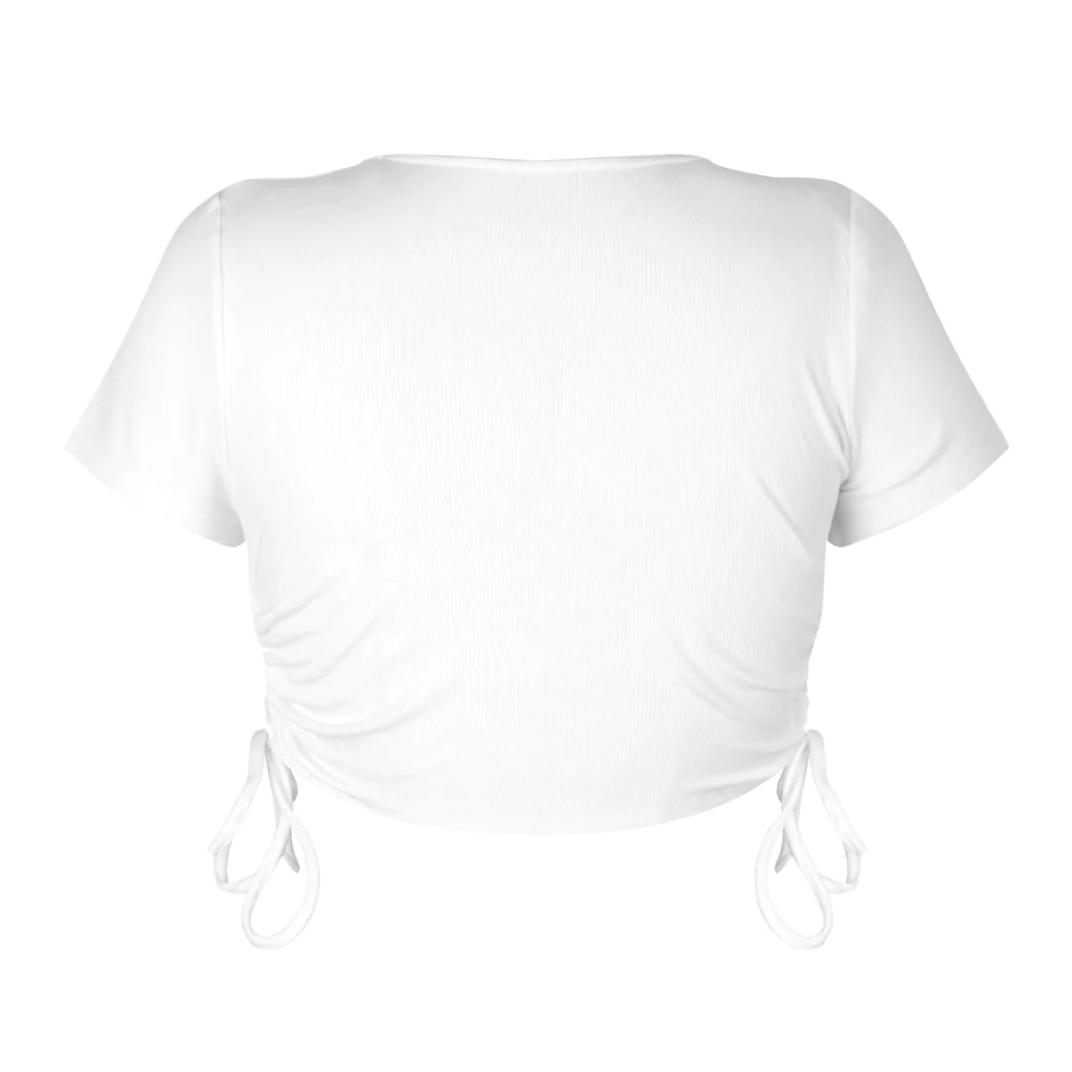 Round Neck Drawstring Rouching Solid Color Crop T-shirt