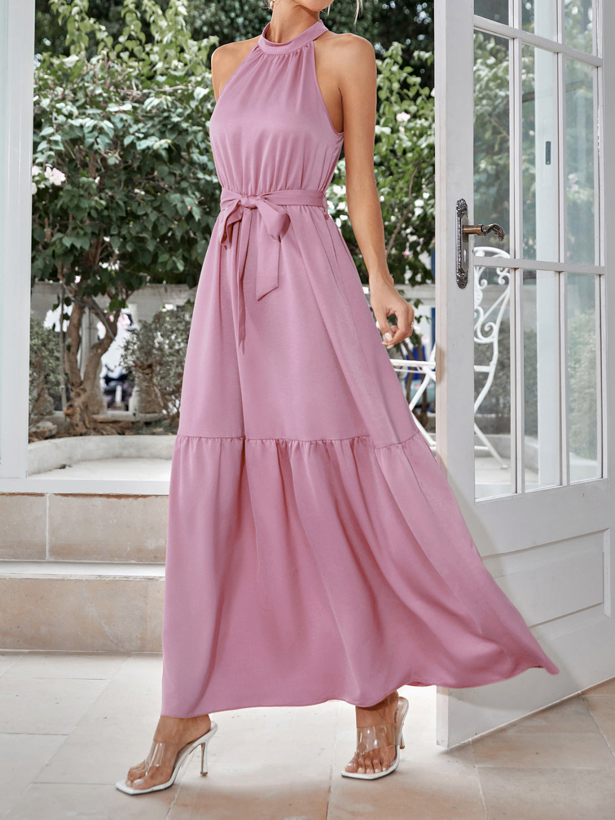 Halter Neck Tie Waist Solid Color Maxi Dress