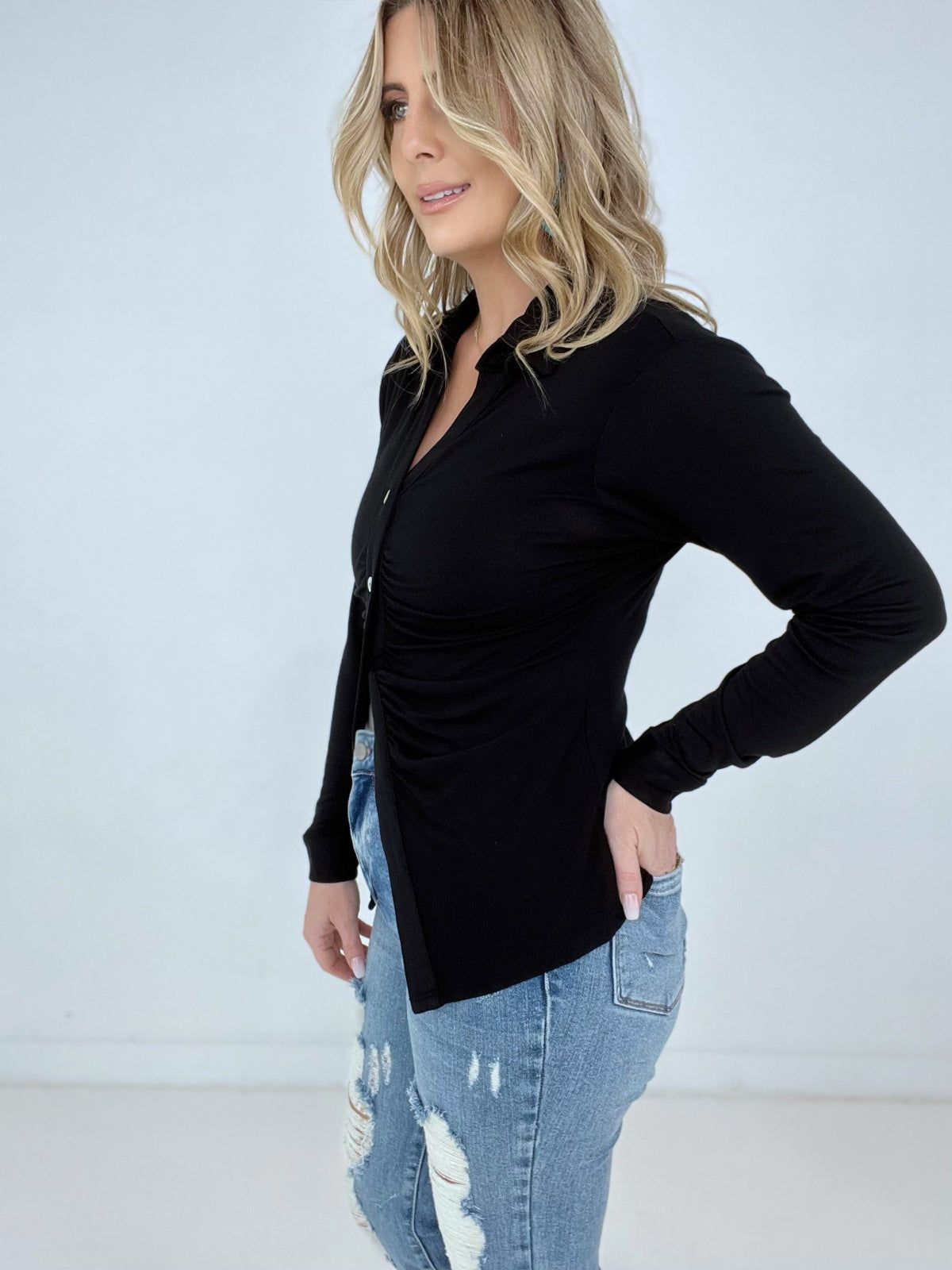 Zenana 'Ruched Romance" Long Sleeve Button Down Top with Ruched Bodice