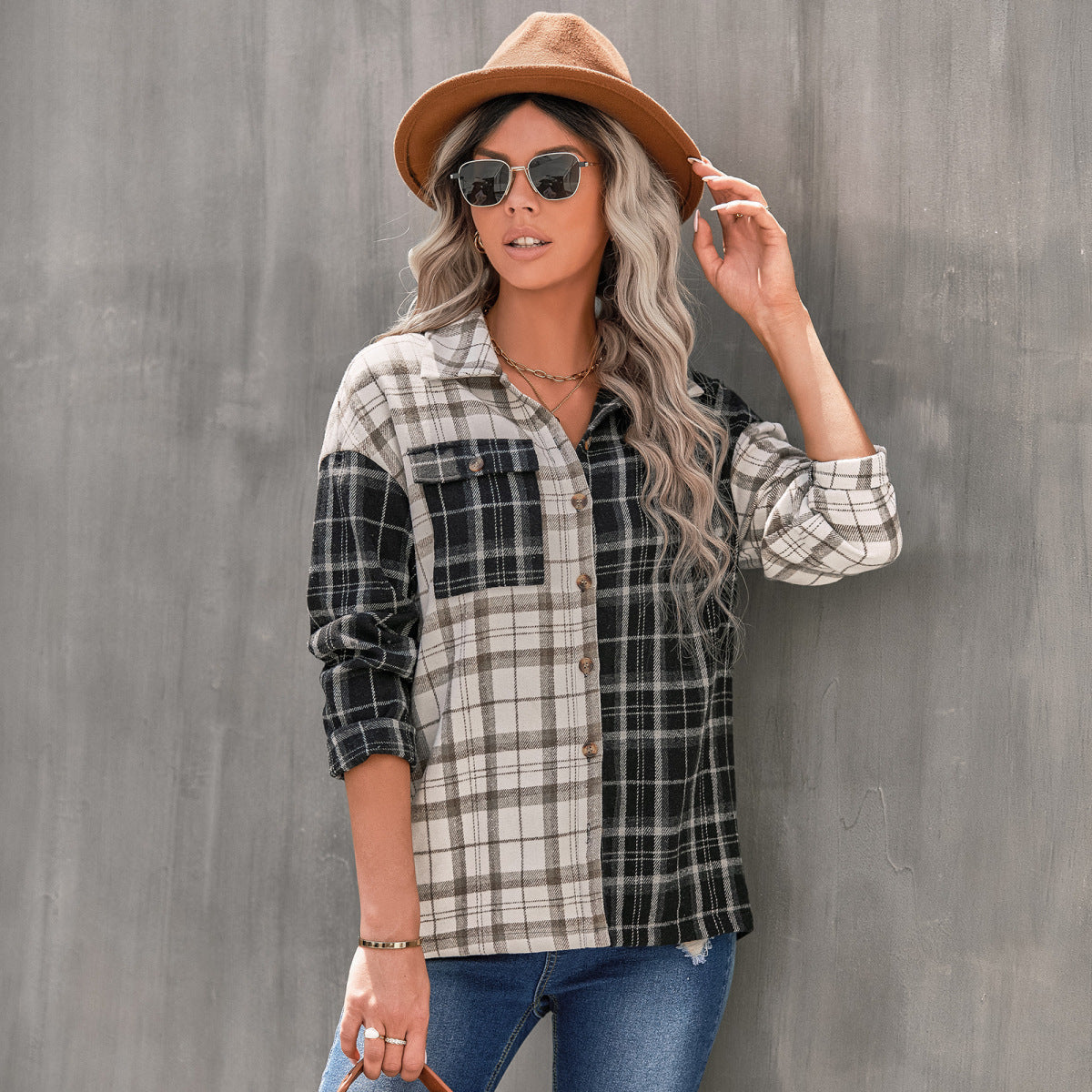 Plaid Color Block Button Up Long Sleeve Shirt