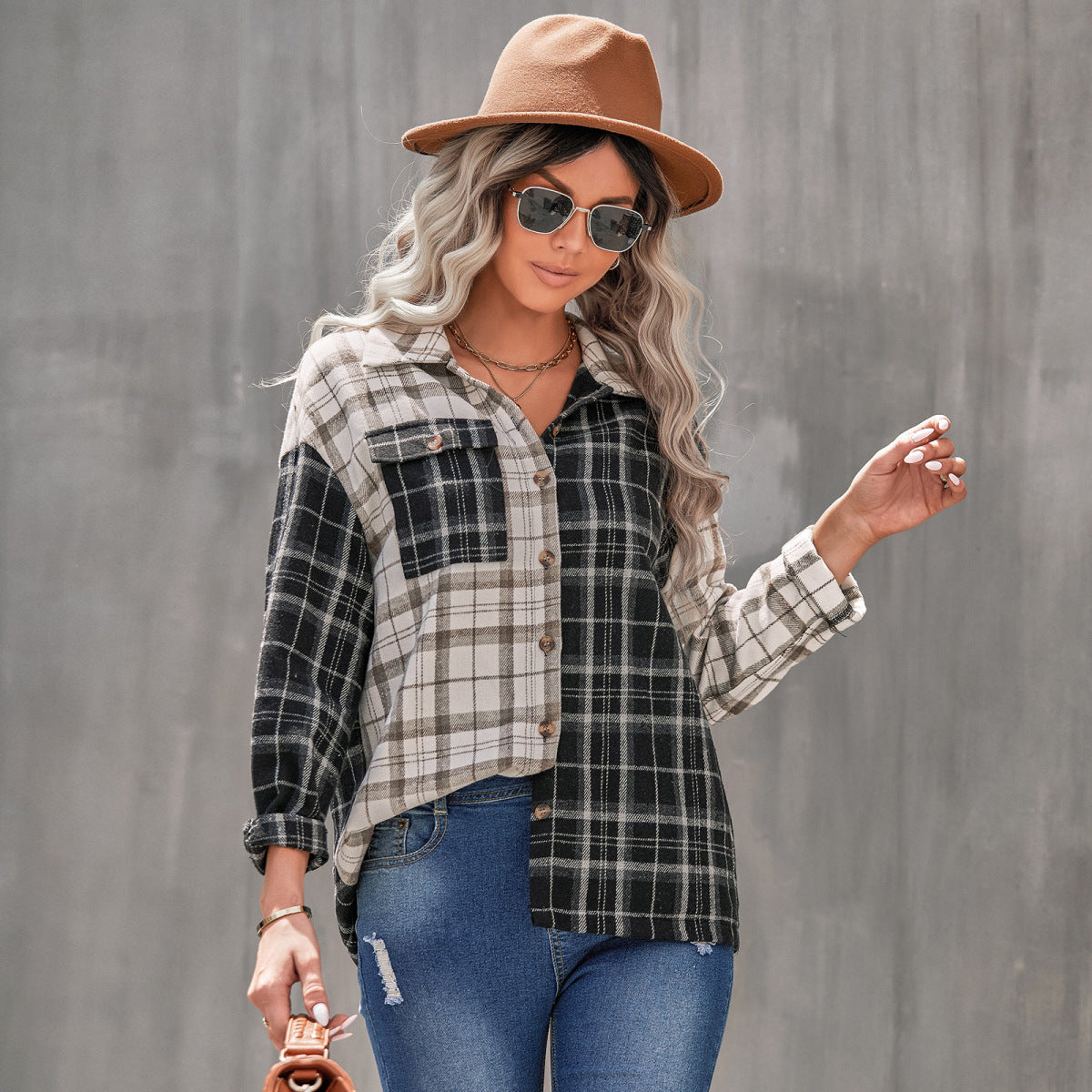 Plaid Color Block Button Up Long Sleeve Shirt