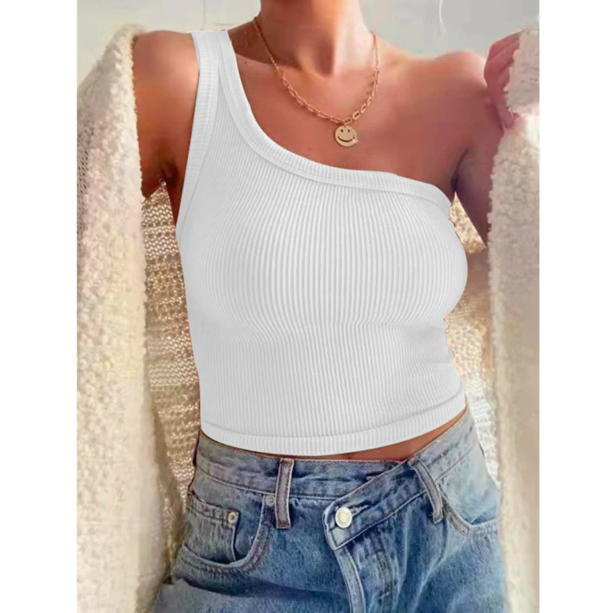 One-Shoulder Sleeveless Ribbed Crop Top