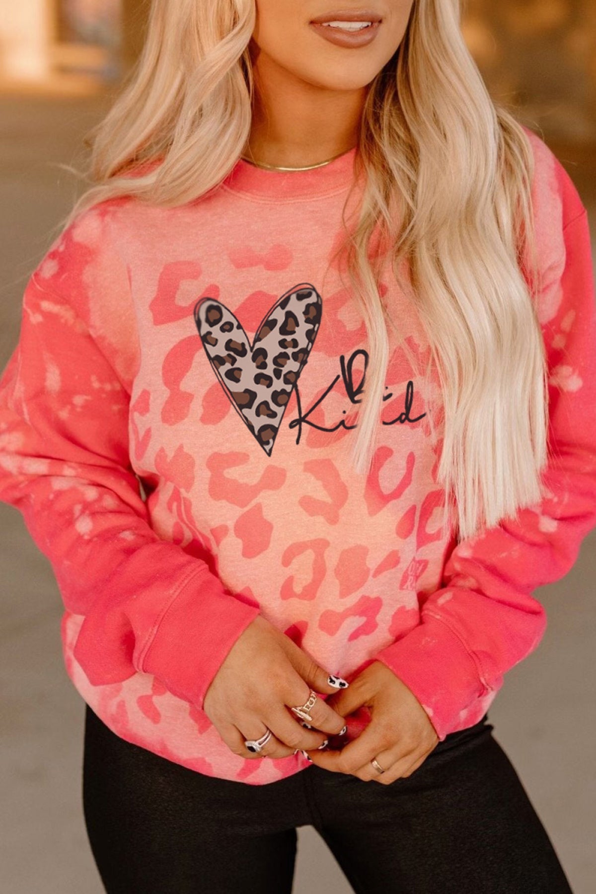 Pink Be Kind Leopard Heart Print Long Sleeve Sweatshirt