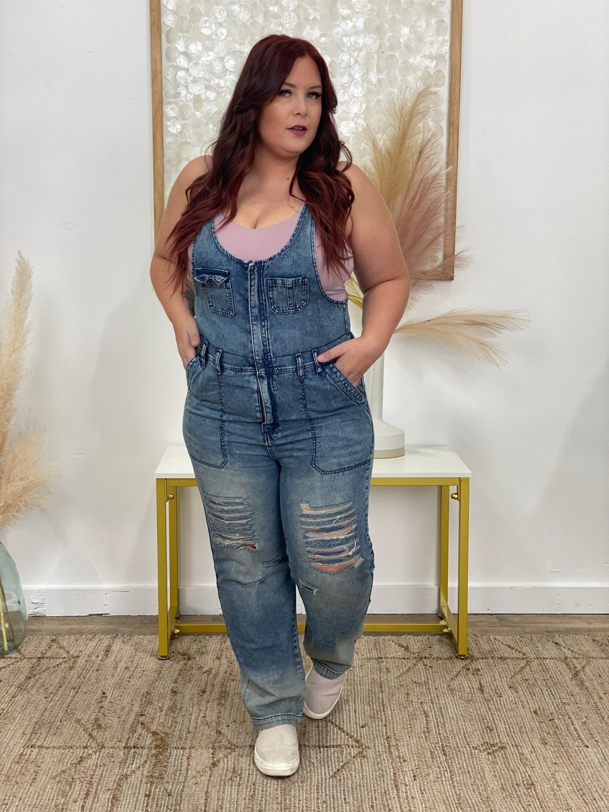 Easel Washed Distressed Denim Overalls/Jumpsuit