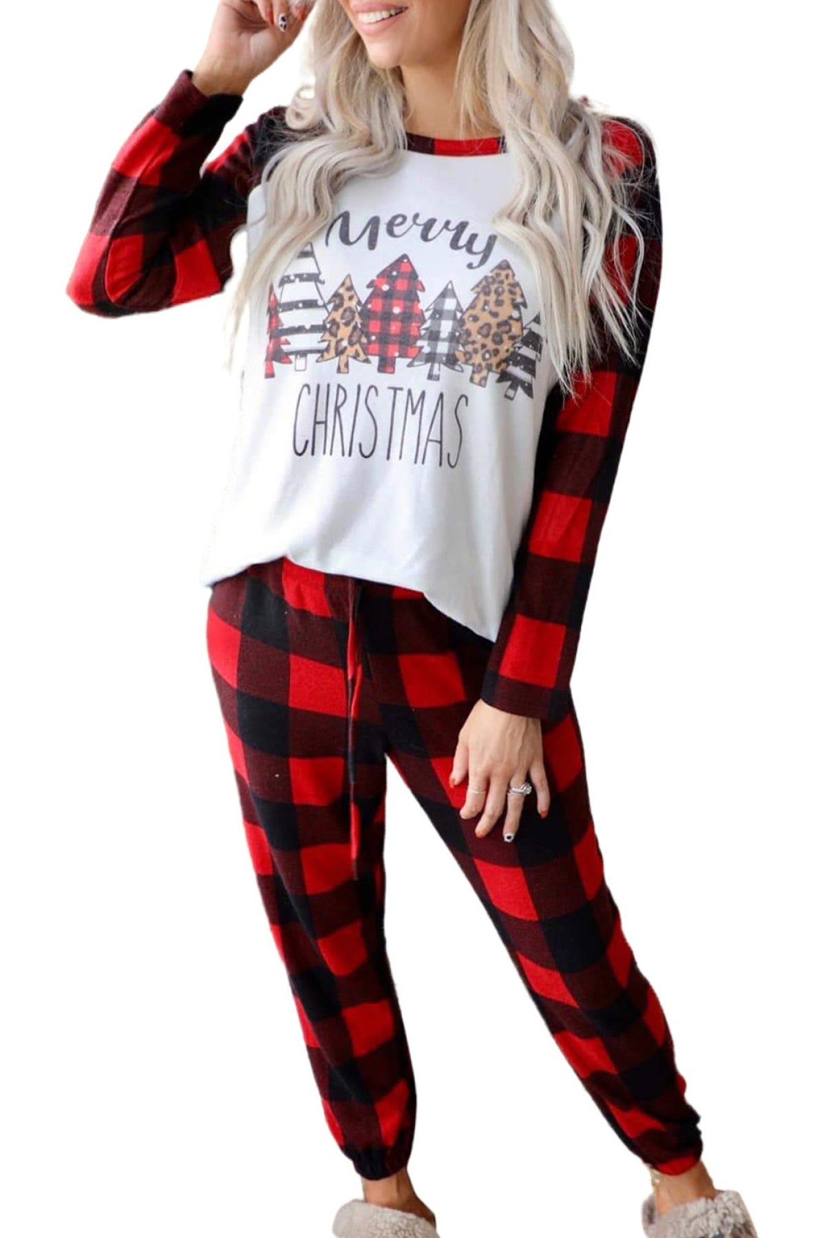 Red Plaid Merry Christmas Graphic Loungewear Set