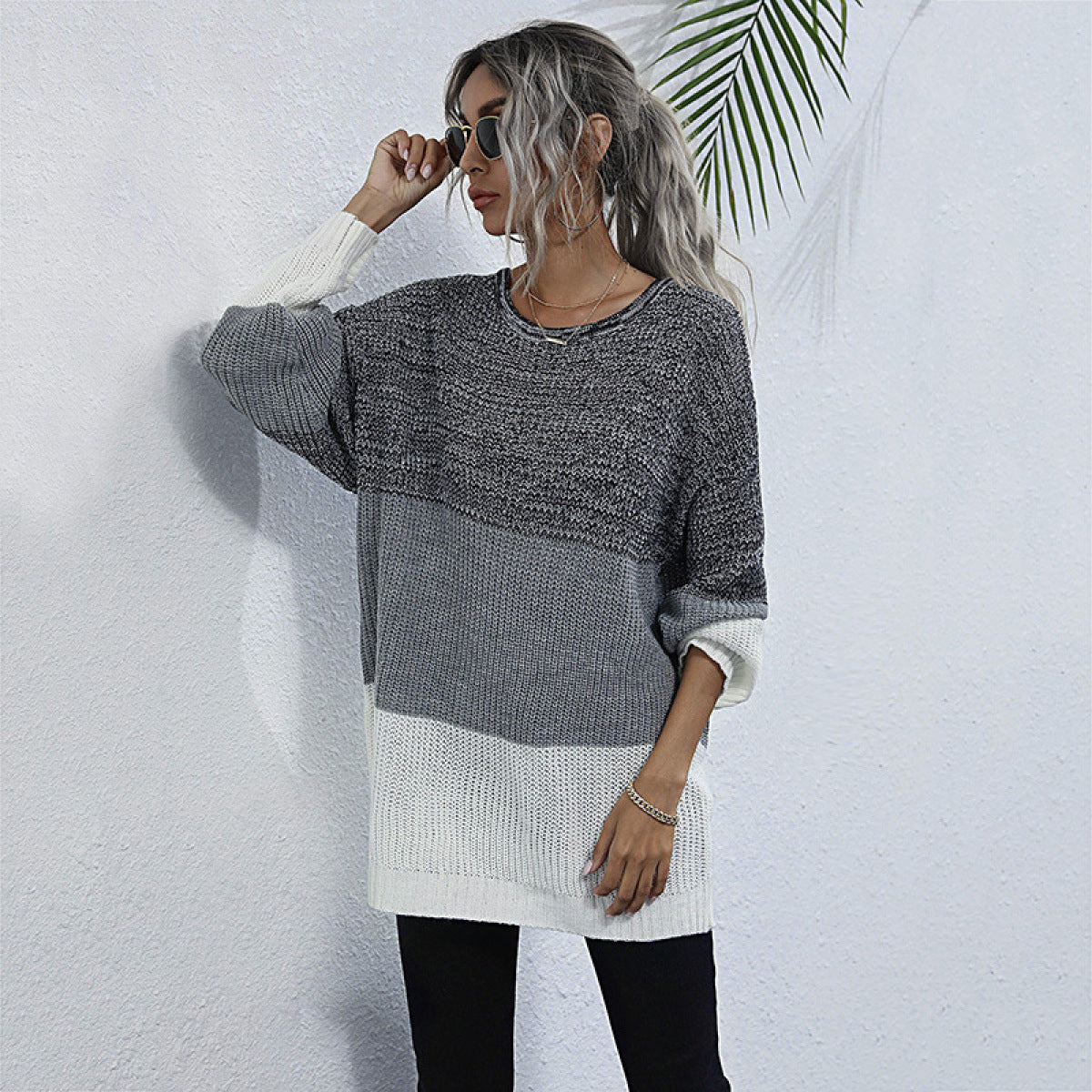 Round Neck Colorblock Long Sleeve Mid-Length Knit Sweater