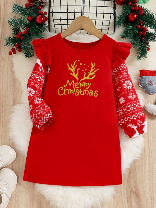 Girls MERRY CHRISTMAS Graphic Ruffled Dress