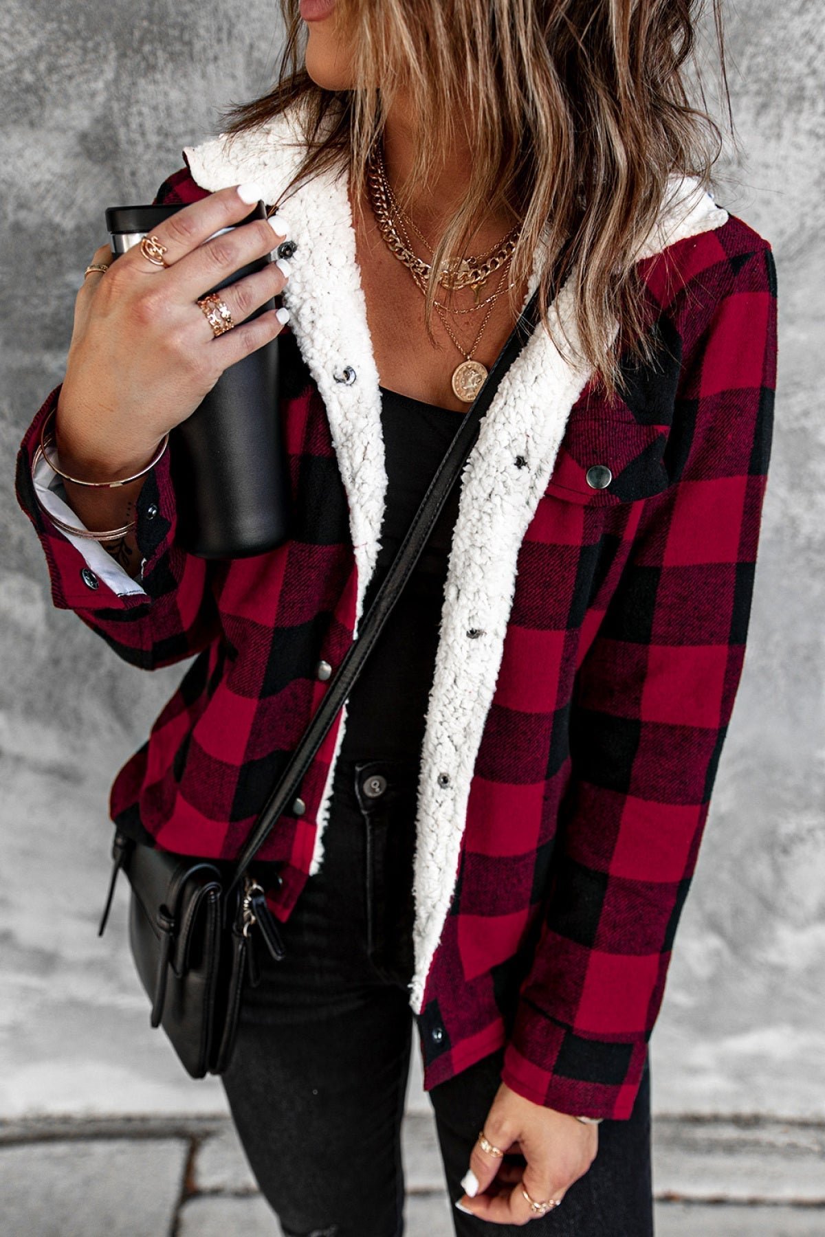 Plaid Print Fleece Button Jacket