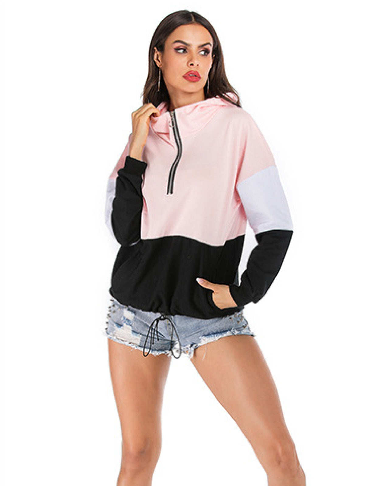 Plus Size Colorbock Half Zip Drawstring Hoodie