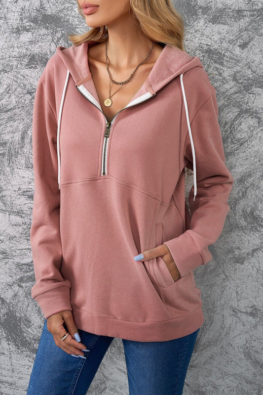 Half Zip Long Sleeve Hoodie With Pocket