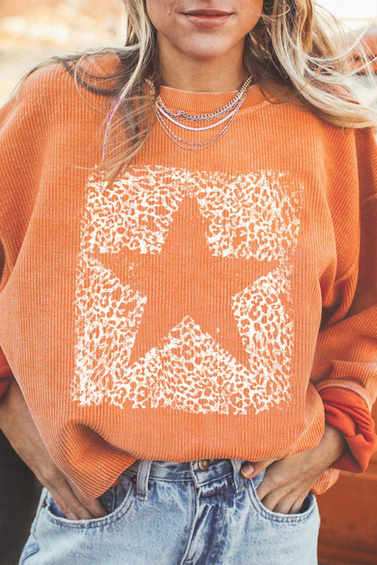 Orange Star Graphic Drop Shoulder Corded Sweatshirt