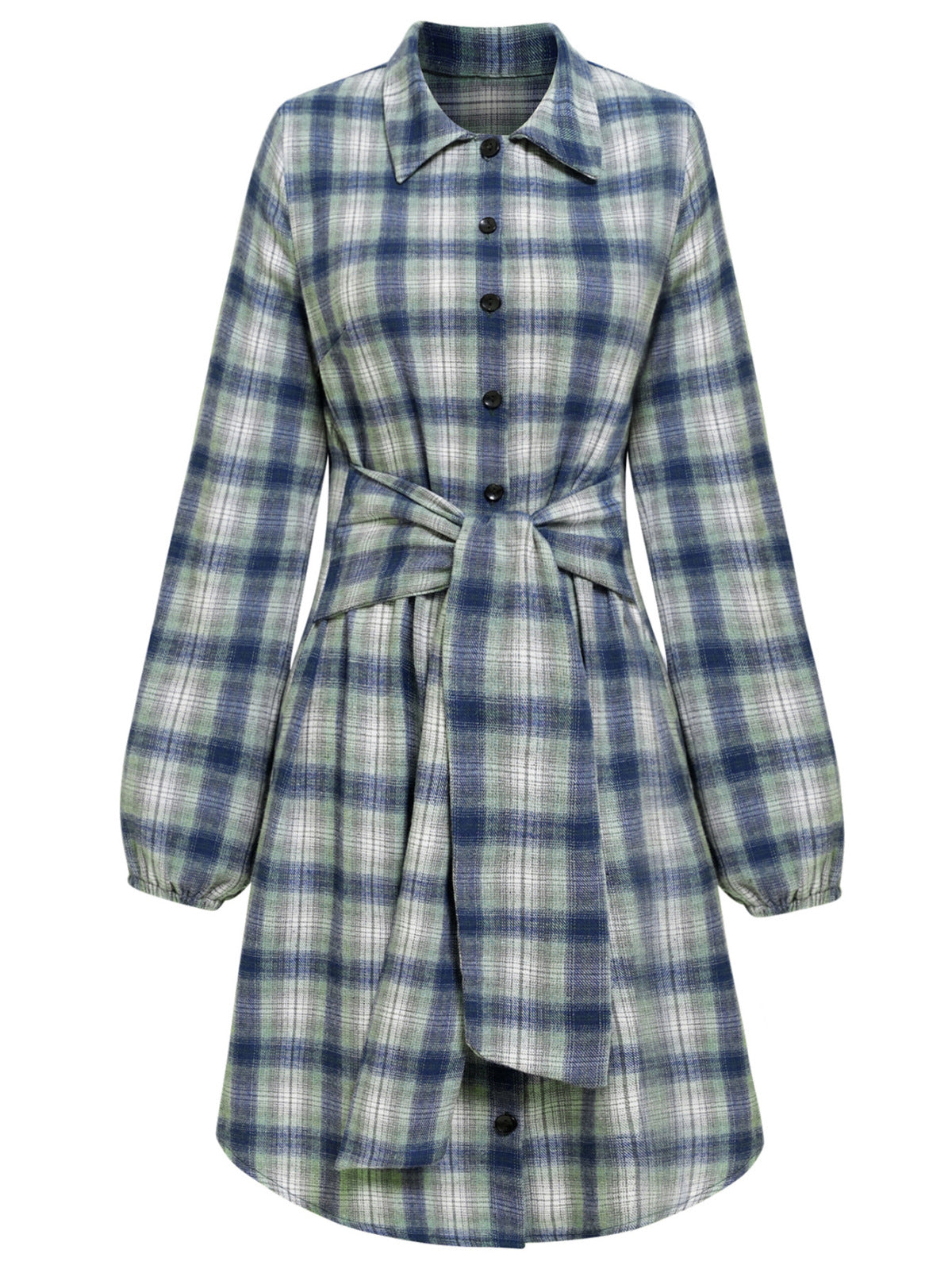 Long Sleeve Plaid Single-Breasted Shirt Dress with Belt