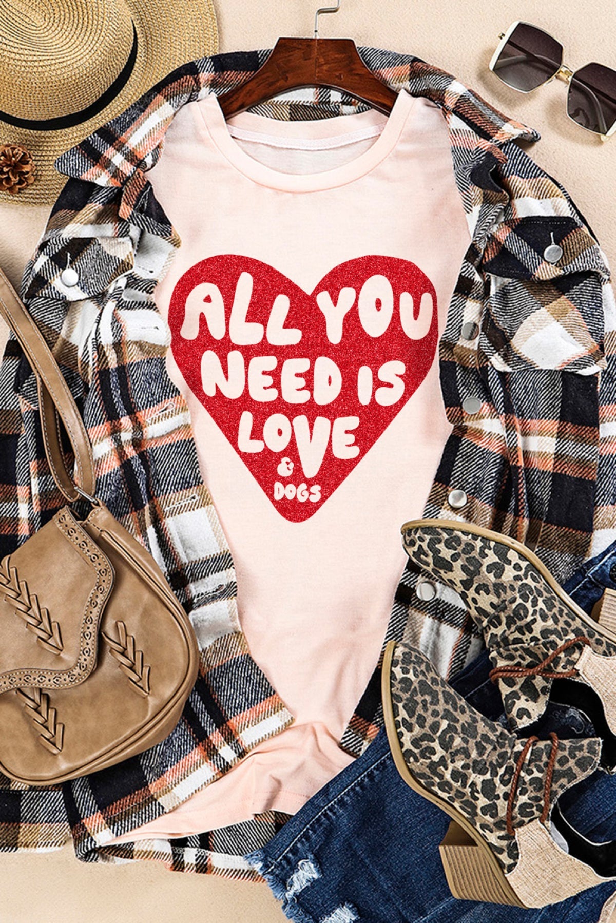 Pink All YOU NEED IS LOVE Heart Glitter Graphic T-Shirt