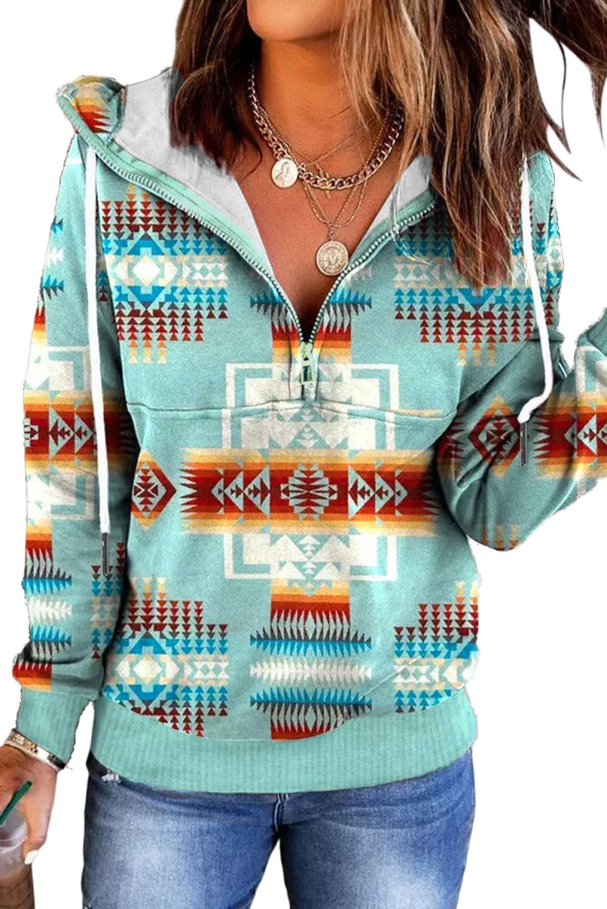 Sky Blue Aztec Geometric Drawstring Zipper Hoodie