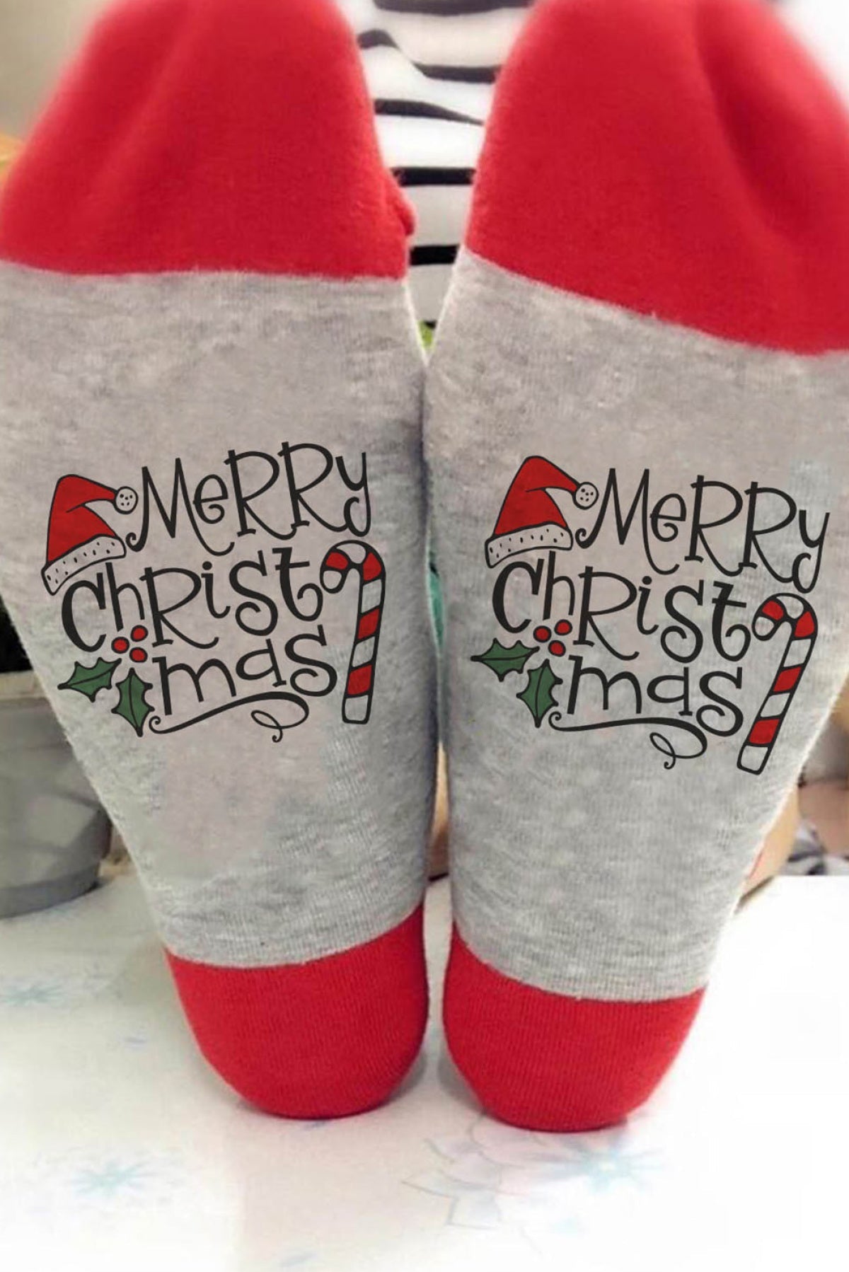 Gray Merry Christmas Graphic Knit Tube Socks