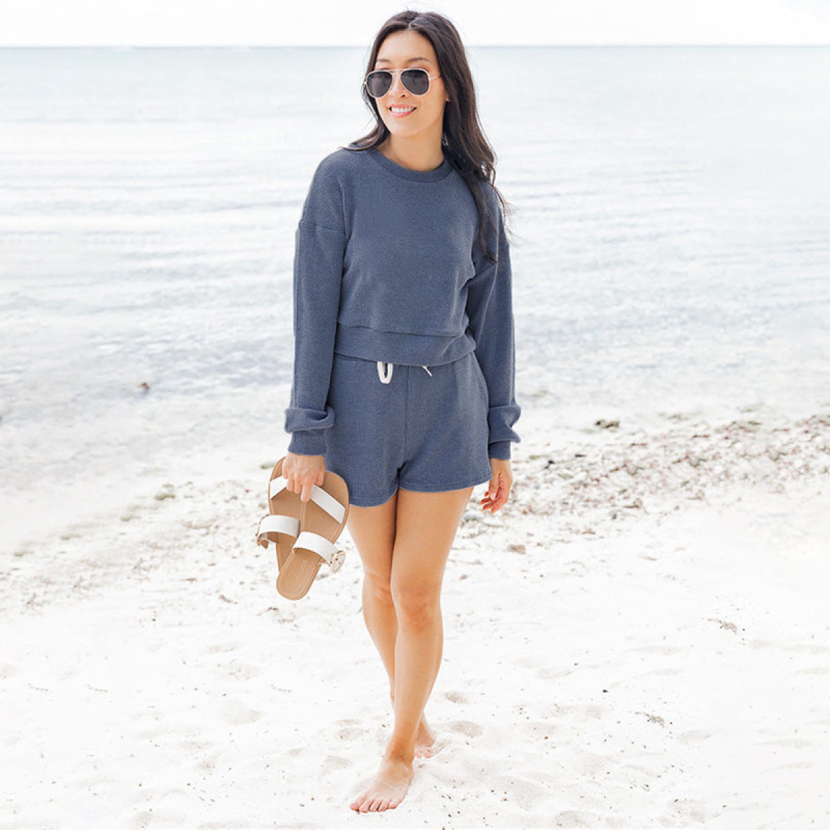 Crew Neck Pullover Long-Sleeved Sweatshirts & Tie Shorts Lounge Sets