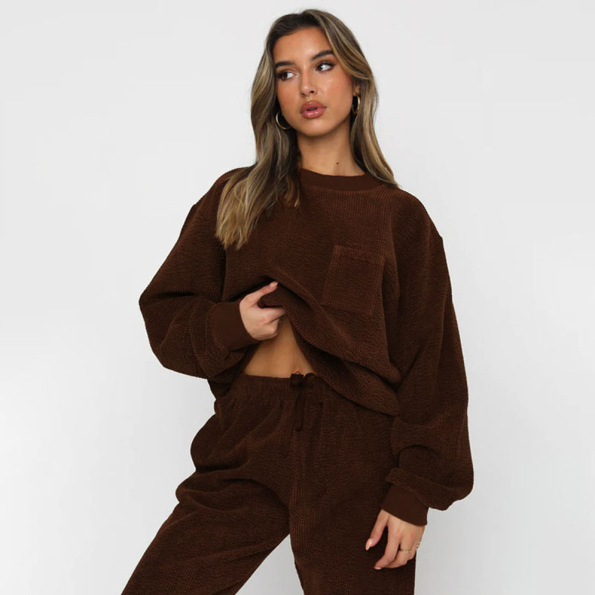 Corduroy Crew Neck Pullover Long Sleeve Sweatshirts & TiePants Two-Piece Sets