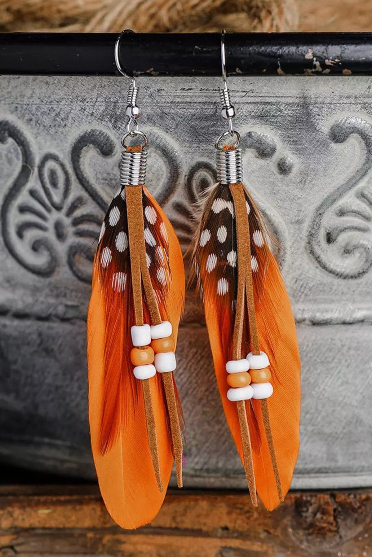 Orange Rice Bead Long Peacock Feather Earrings