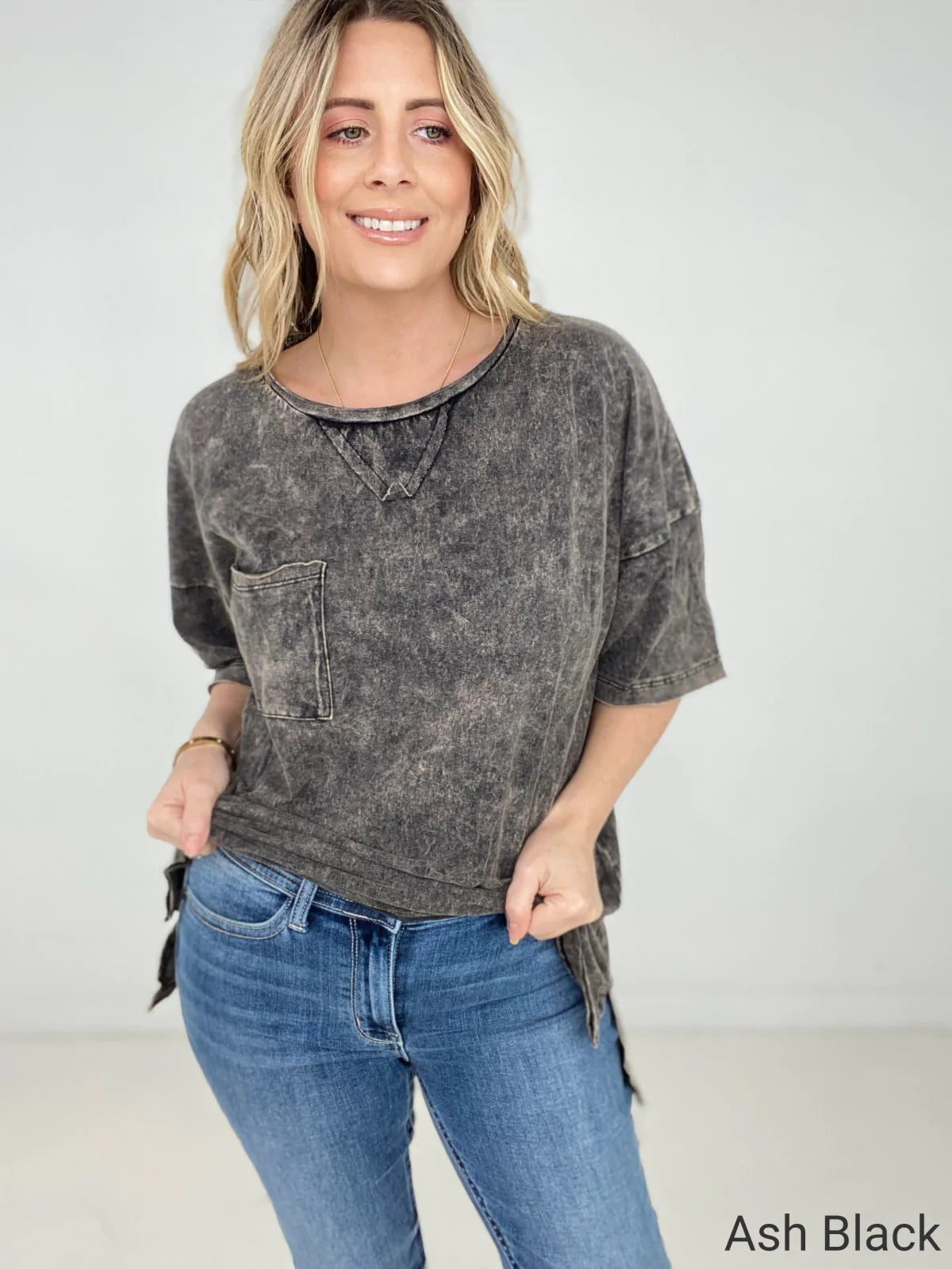 Zenana Acid Wash Front Pocket Raw Edge Top