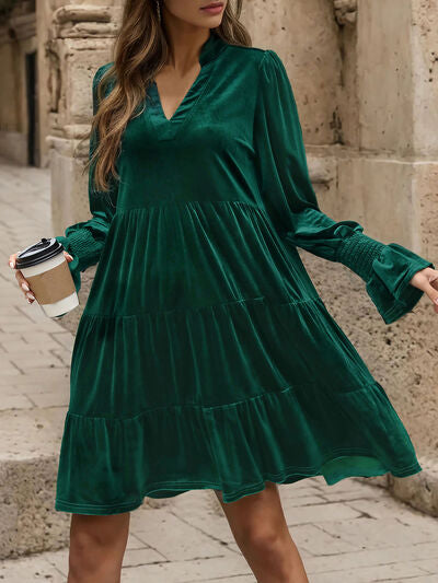 Notched Long Sleeve Tiered Dress