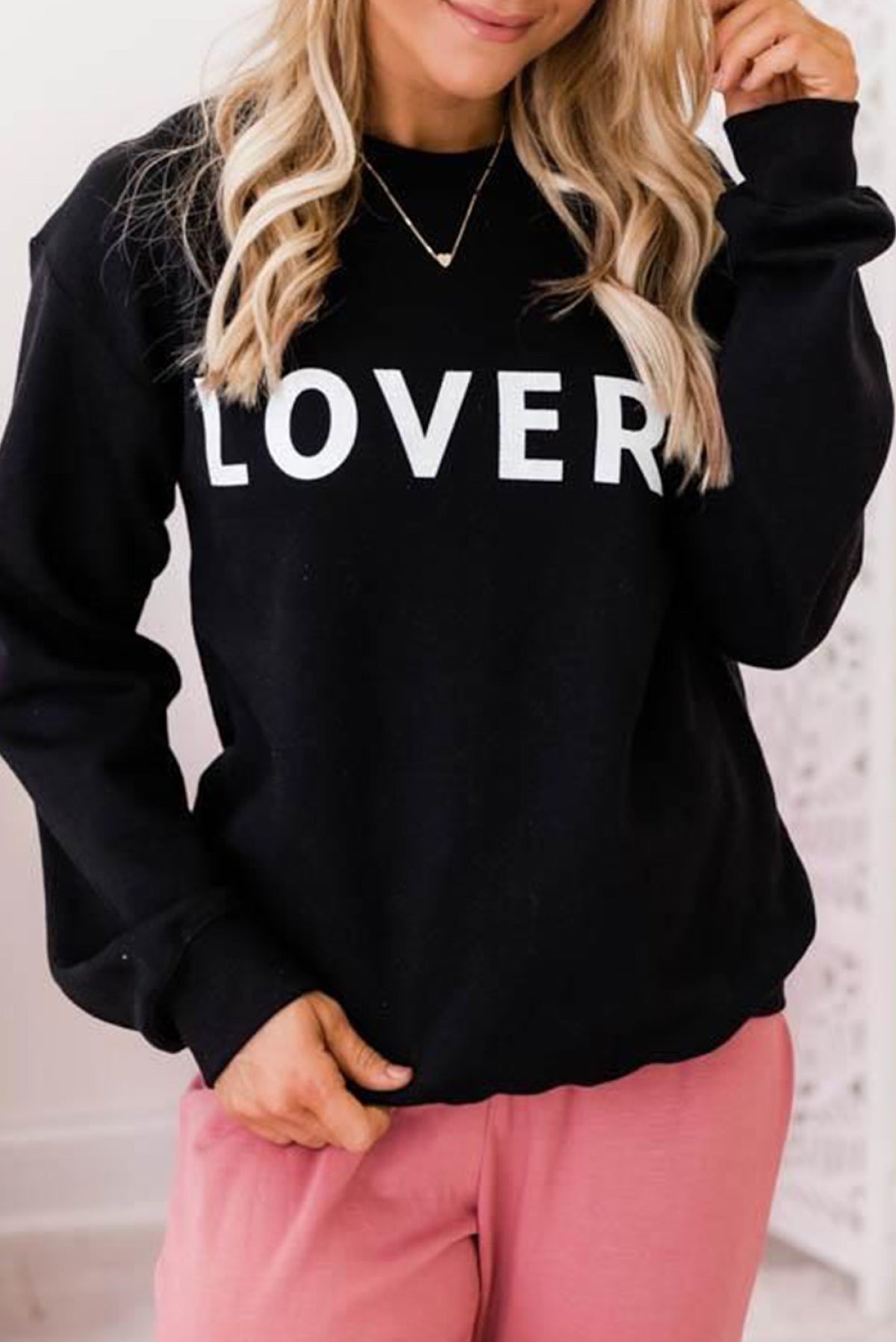 Black LOVER Letter Print Crew Neck Pullover Sweatshirt