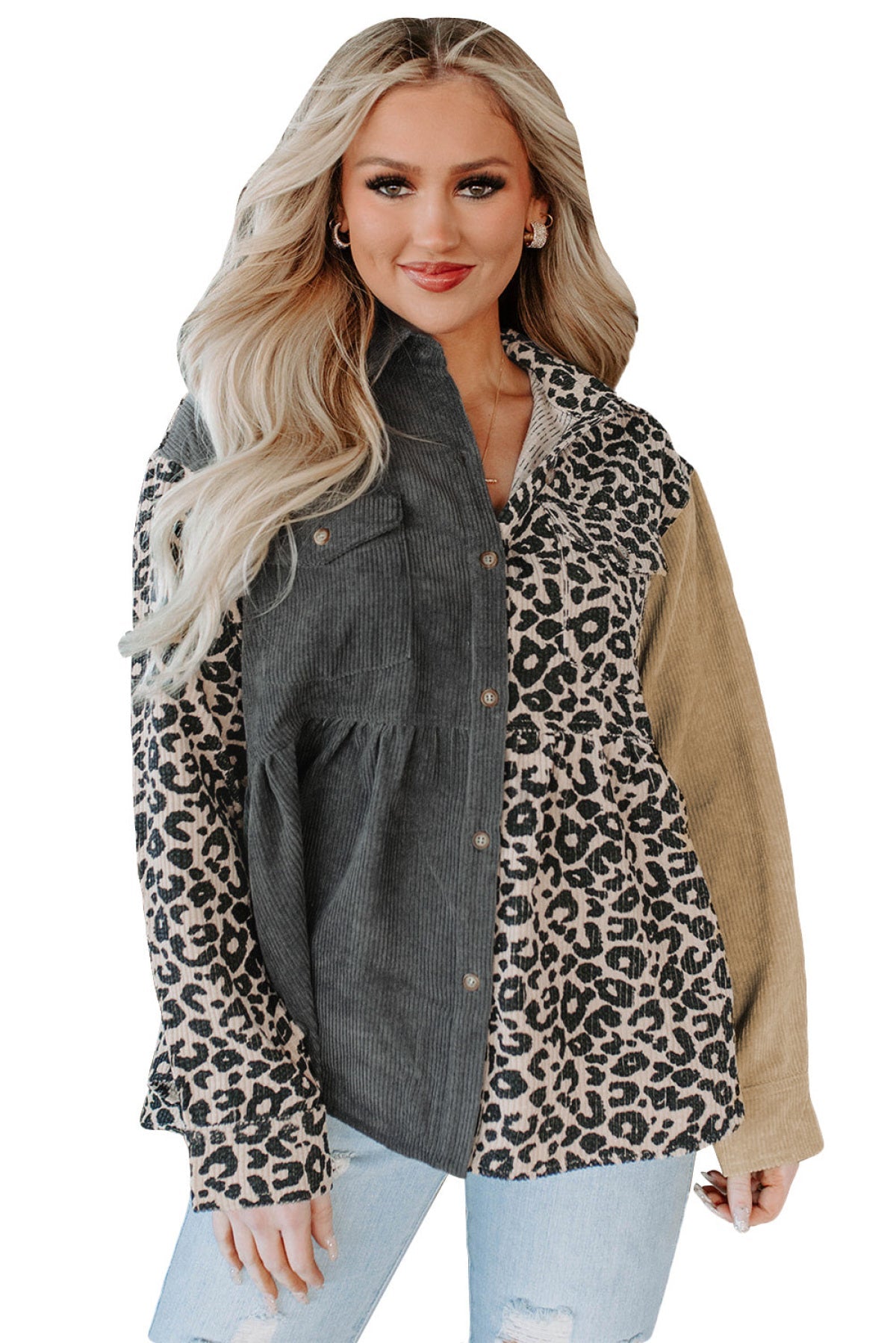 Leopard Colorblock Corduroy Shirt Jacket