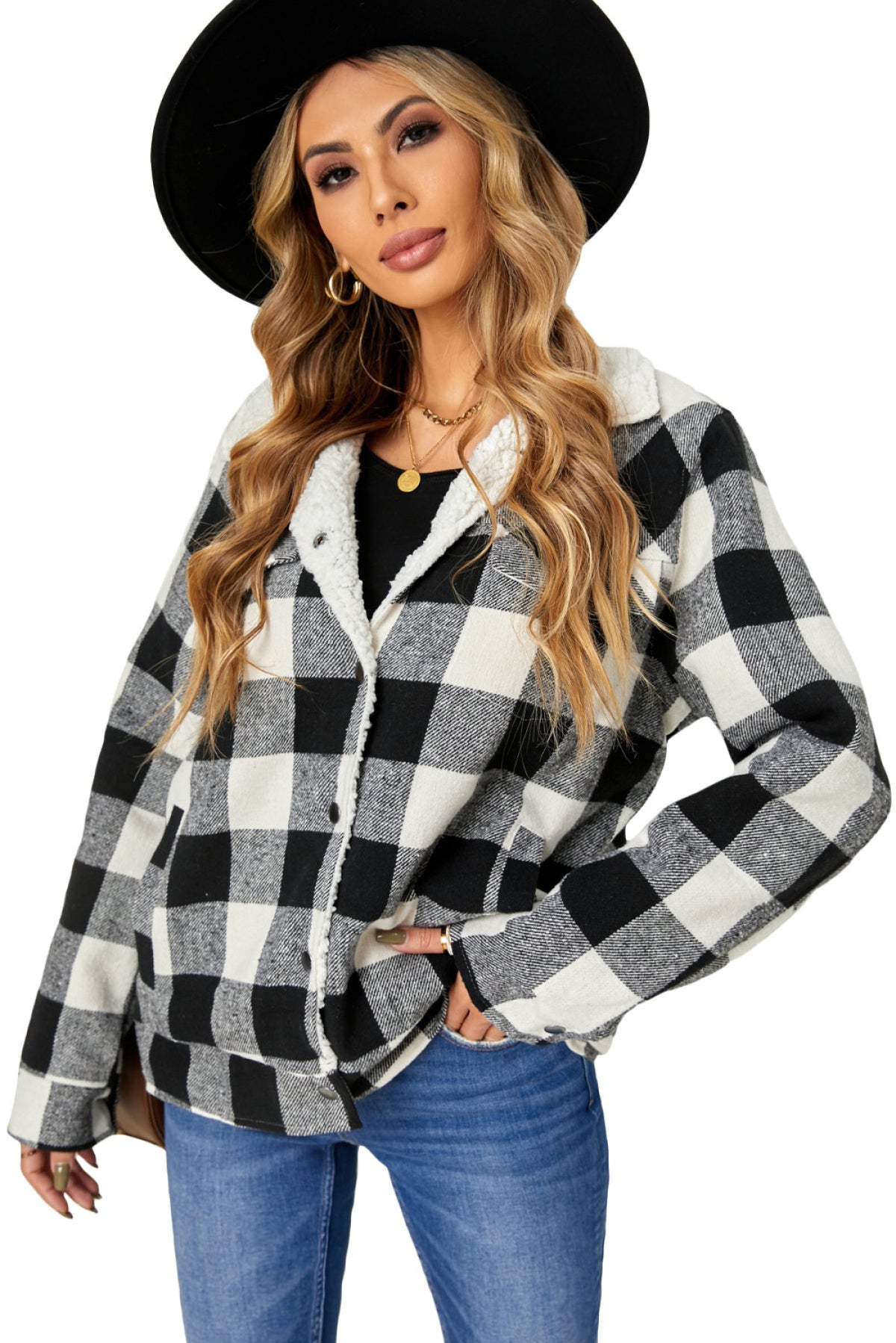 Plaid Print Fleece Button Jacket