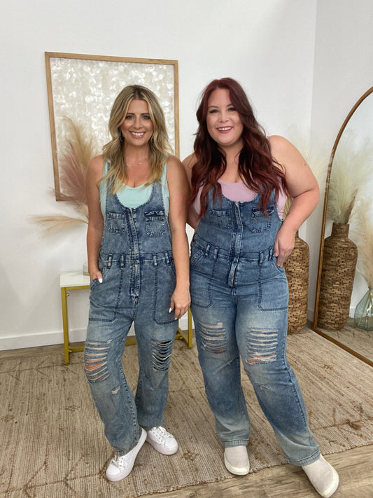 Easel Washed Distressed Denim Overalls/Jumpsuit