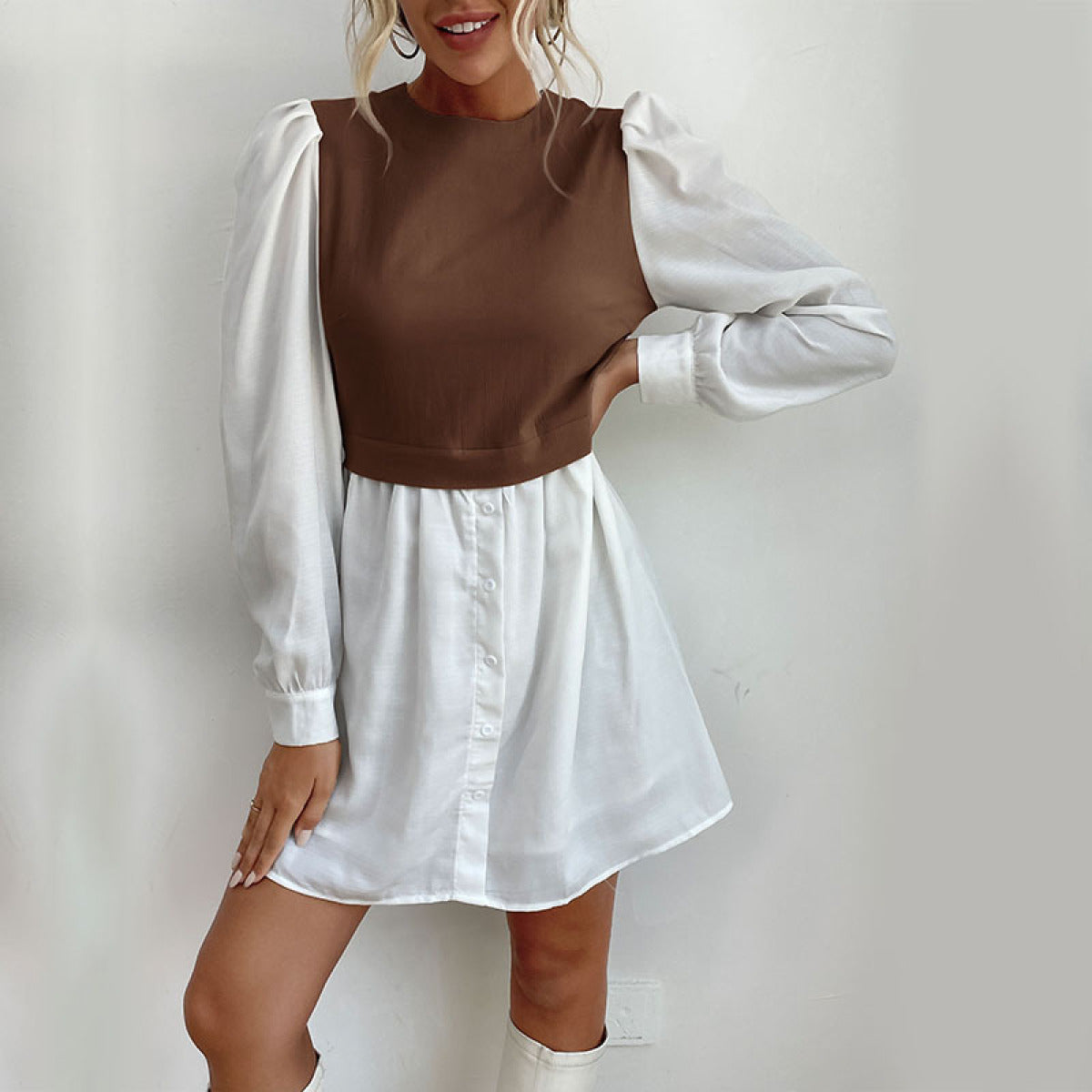 Colorblock Long Sleeve Buttoned Shirt Dress