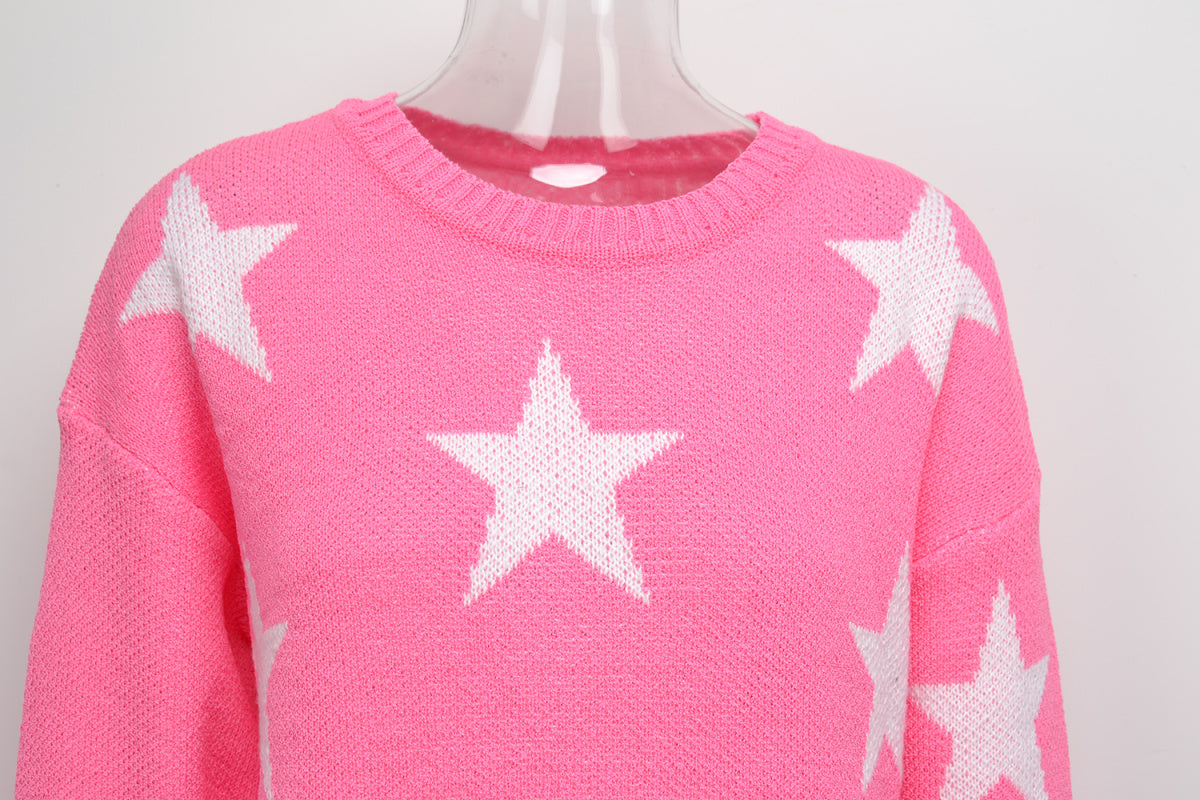 Crew Neck Long Sleeve Stars Graphics Sweater